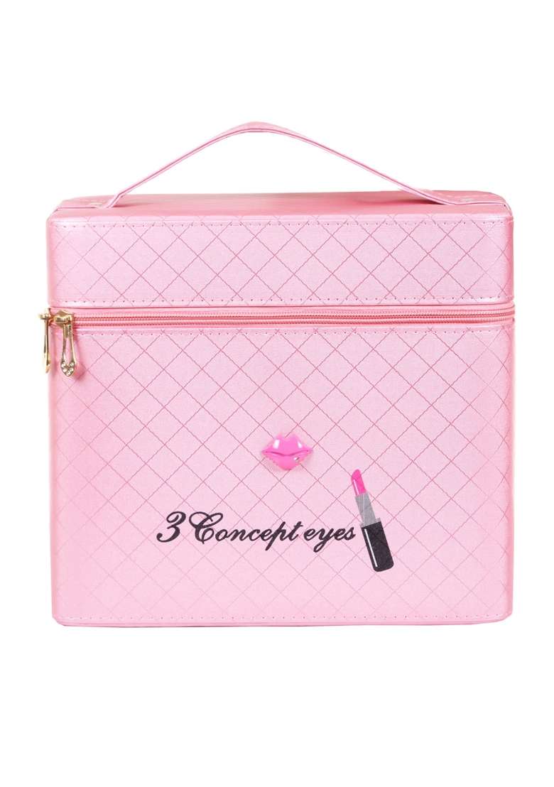 Ronteno Leather 18 Cms Makeup Vanity Box and Cosmetic Travel Bag for Women and Ladies with Mirror Pink - Indya