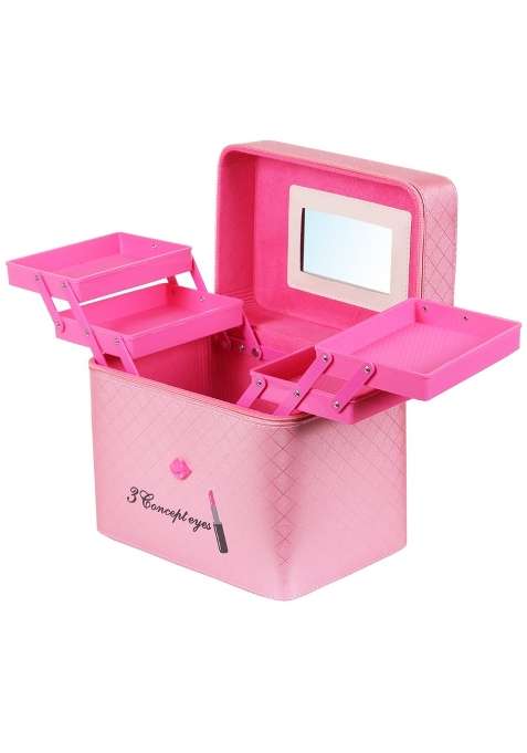 Ronteno Leather 18 Cms Makeup Vanity Box and Cosmetic Travel Bag for Women and Ladies with Mirror Pink
