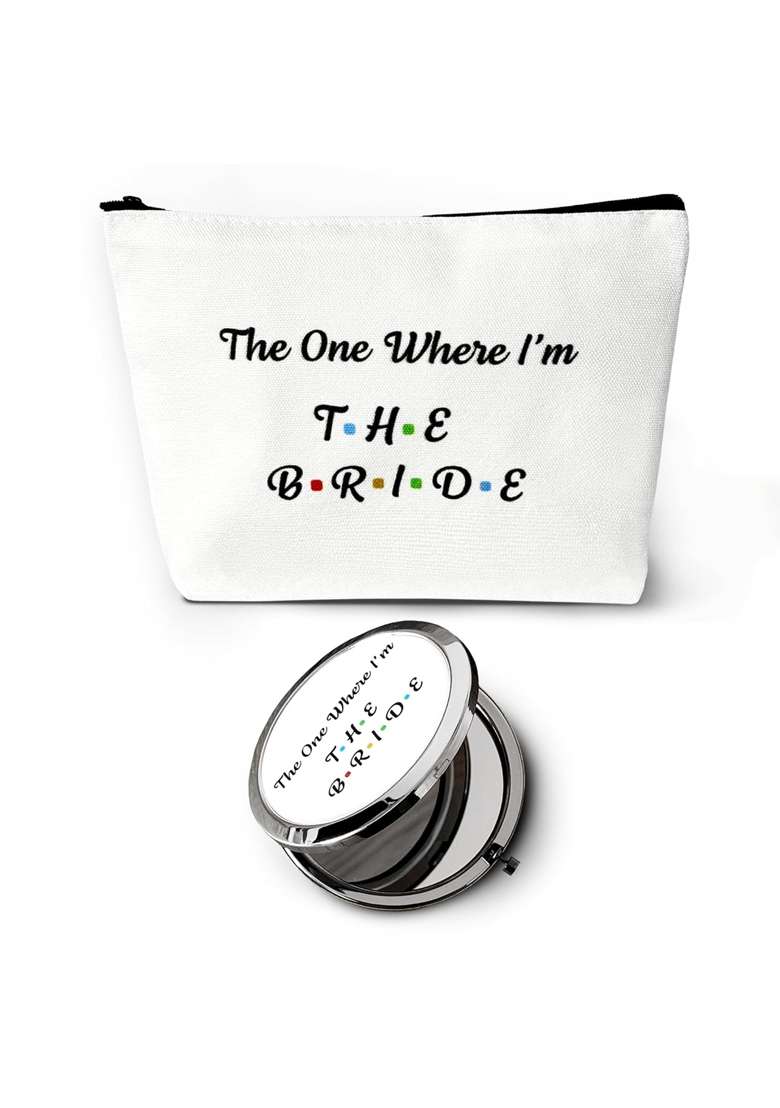 Blue Planet Fancy Dress Bride Canvas Make Up Cosmetic Bag and Compact Mirror Bridal Shower Bride to Be Gift - Indya