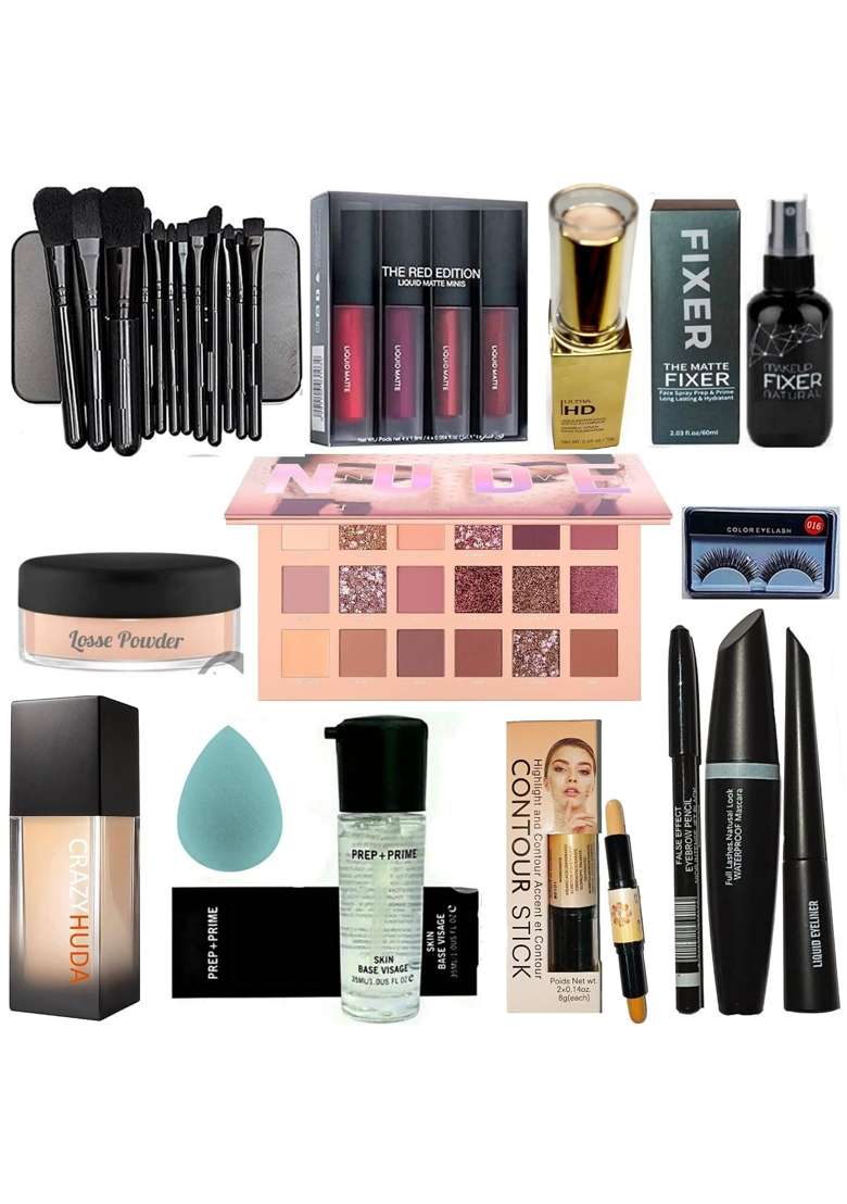 Black Crazy HUDA Professional Brush Set Lipstick Highlighter Fixer Powder Nude Eyeshadow Eyelash Pack of 12 - Indya