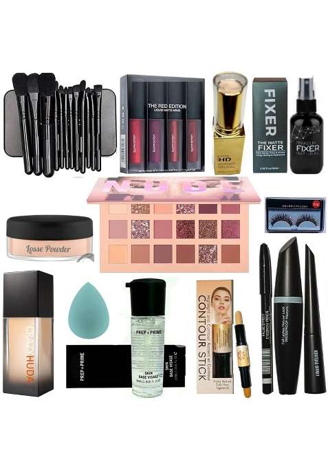 Black Crazy HUDA Professional Brush Set Lipstick Highlighter Fixer Powder Nude Eyeshadow Eyelash Pack of 12
