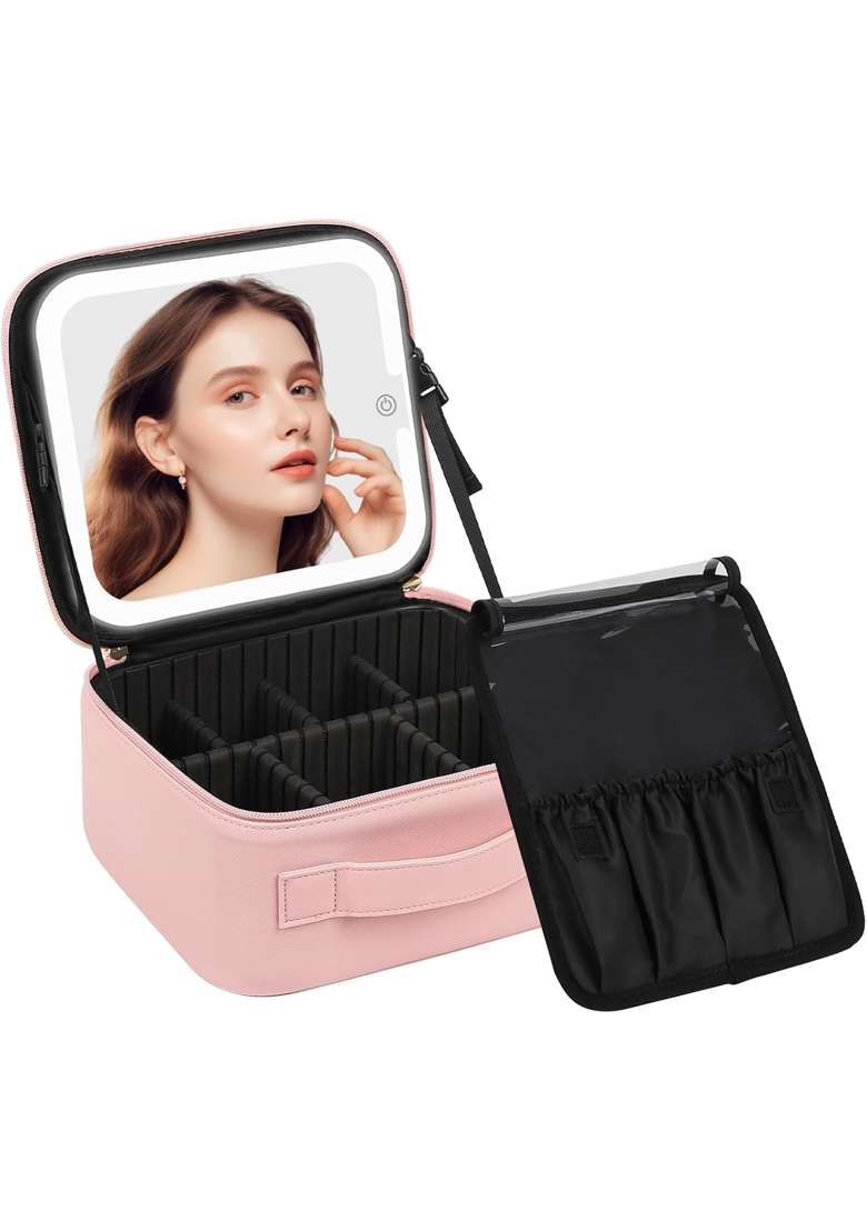 Deesse Travel Makeup Bag with LED Lighted Make Up Case with Mirror 3 Color Setting Cosmetic Makeup Box - Indya