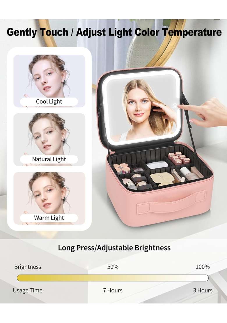 Deesse Travel Makeup Bag with LED Lighted Make Up Case with Mirror 3 Color Setting Cosmetic Makeup Box - Indya