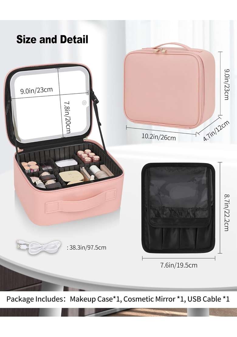 Deesse Travel Makeup Bag with LED Lighted Make Up Case with Mirror 3 Color Setting Cosmetic Makeup Box - Indya