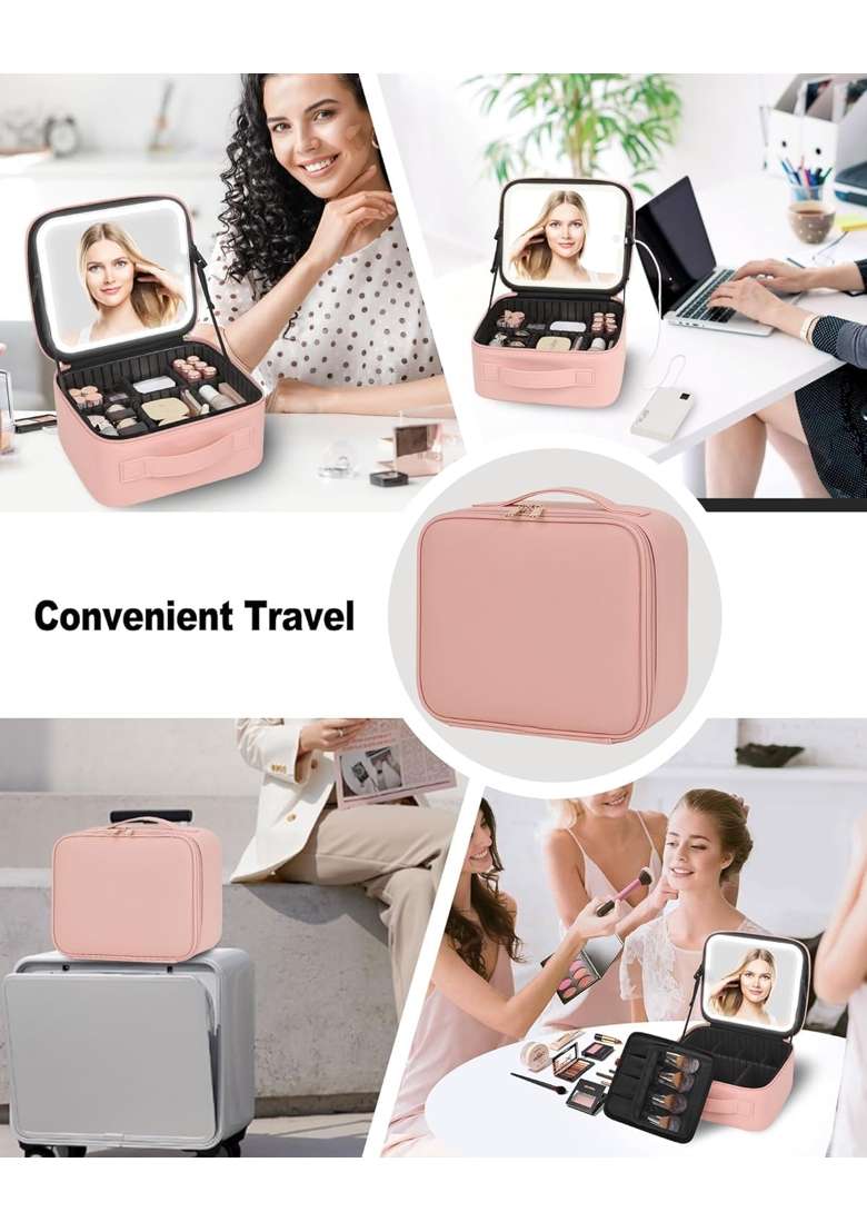 Deesse Travel Makeup Bag with LED Lighted Make Up Case with Mirror 3 Color Setting Cosmetic Makeup Box - Indya