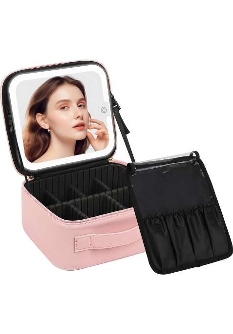 Deesse Travel Makeup Bag with LED Lighted Make Up Case with Mirror 3 Color Setting Cosmetic Makeup Box