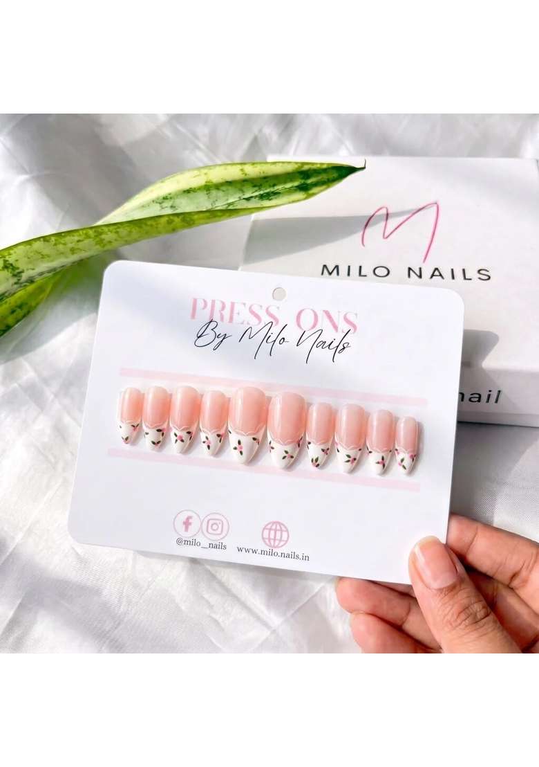 MILO Nails Lace and Petals Press on Nails Handmade Custom Reusable Gel Nails Set of 10 - Indya