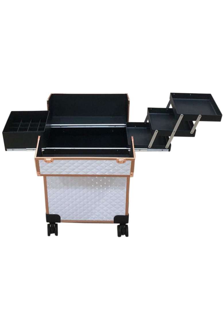 Adson Beauty Rolling Makeup Box Train Case Cosmetic Trolley 4 Tray Sliding Rail with Key Swivel Wheels Salon - Indya