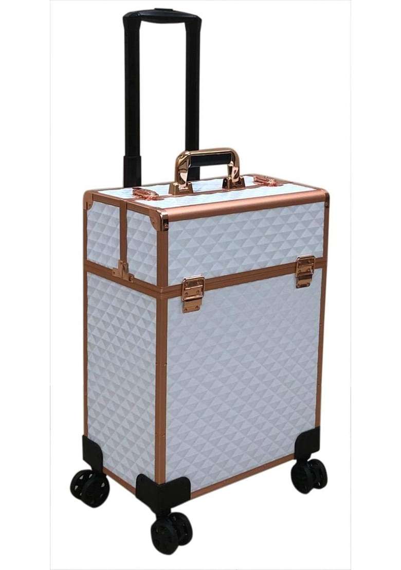 Adson Beauty Rolling Makeup Box Train Case Cosmetic Trolley 4 Tray Sliding Rail with Key Swivel Wheels Salon - Indya