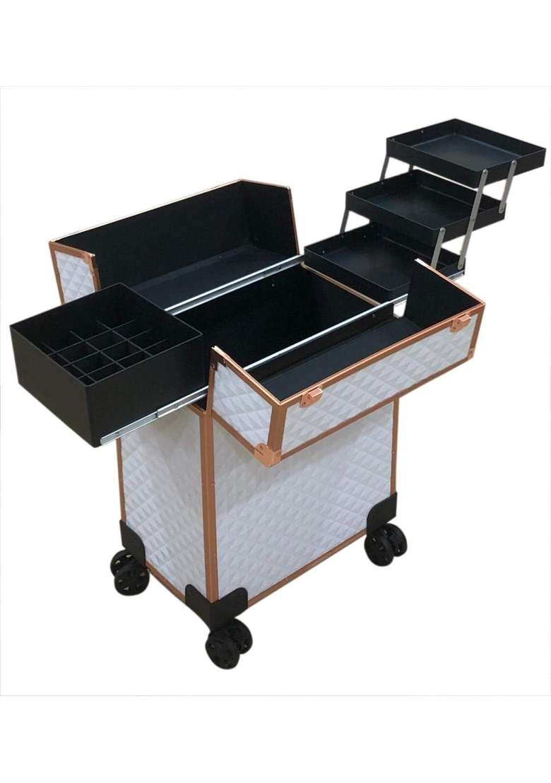 Adson Beauty Rolling Makeup Box Train Case Cosmetic Trolley 4 Tray Sliding Rail with Key Swivel Wheels Salon - Indya
