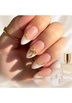 MILO Nails White French Chrome Bow Press on Nails Handmade Custom Reusable Gel Nails Set of 10
