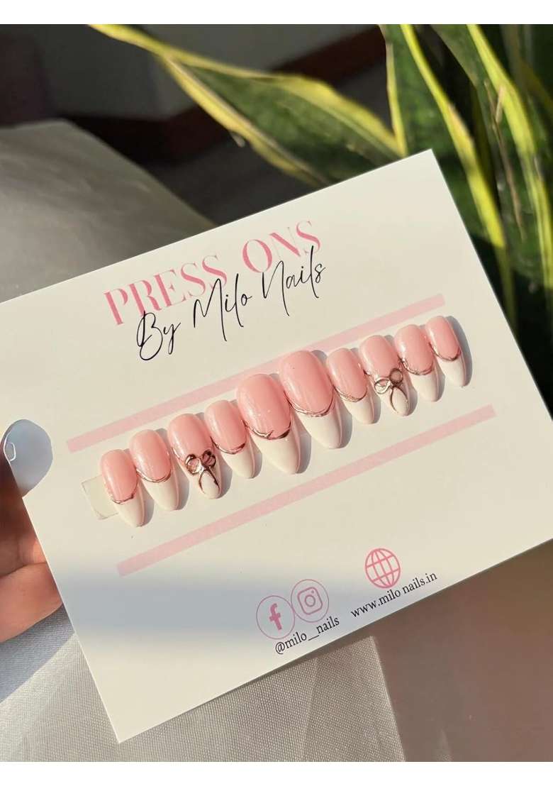 MILO Nails White French Chrome Bow Press on Nails Handmade Custom Reusable Gel Nails Set of 10 - Indya