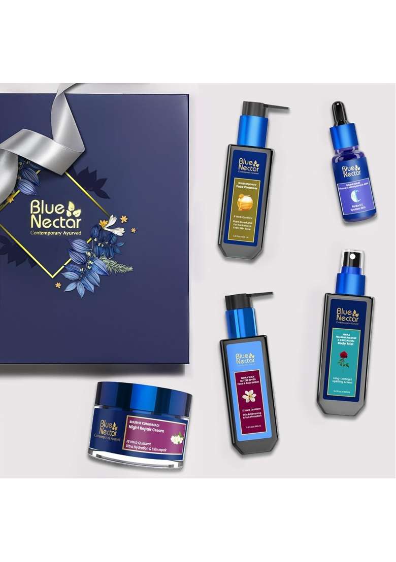 Blue Nectar Indulgent Nature Beauty Skincare Combo with Kumkumadi Cream Vitamin C Serum Pack of 5 - Indya