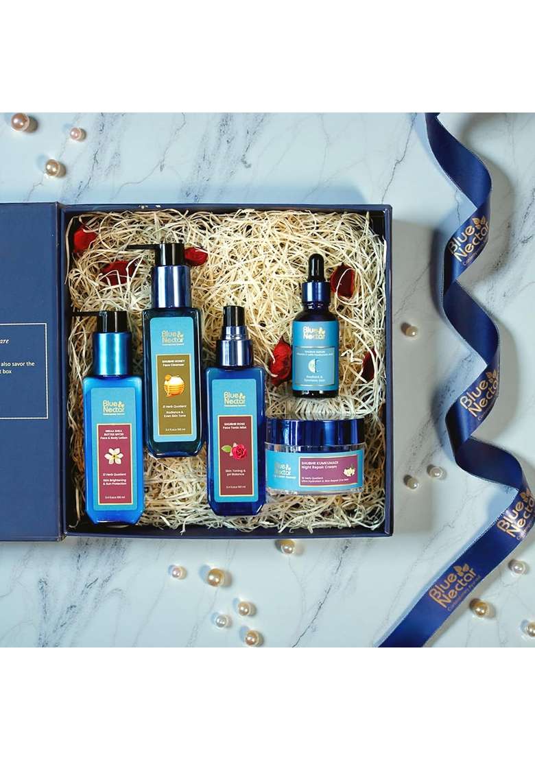 Blue Nectar Indulgent Nature Beauty Skincare Combo with Kumkumadi Cream Vitamin C Serum Pack of 5 - Indya