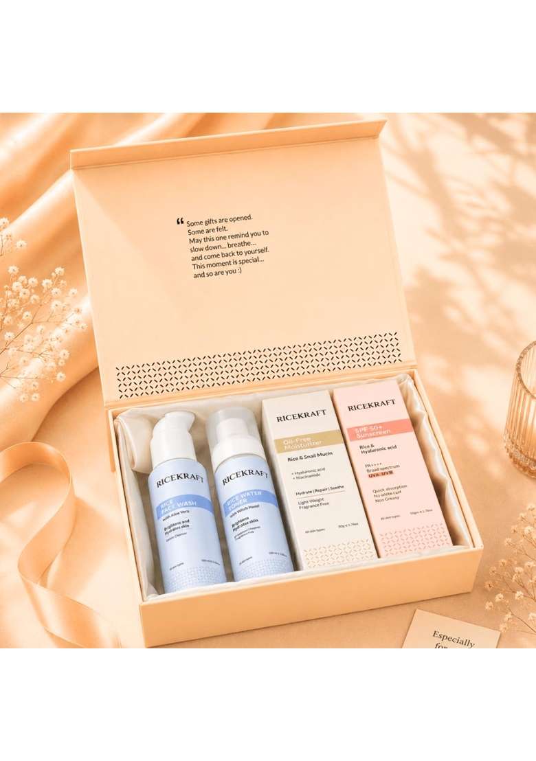 Ricekraft Korean Daily Glow Ritual Skincare Gift Kit Set of Rice Face Wash Rice Water Toner - Indya