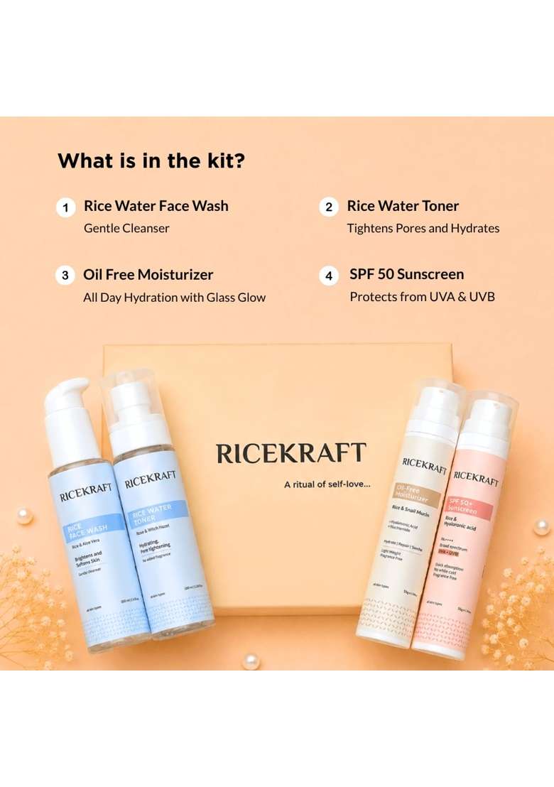 Ricekraft Korean Daily Glow Ritual Skincare Gift Kit Set of Rice Face Wash Rice Water Toner - Indya