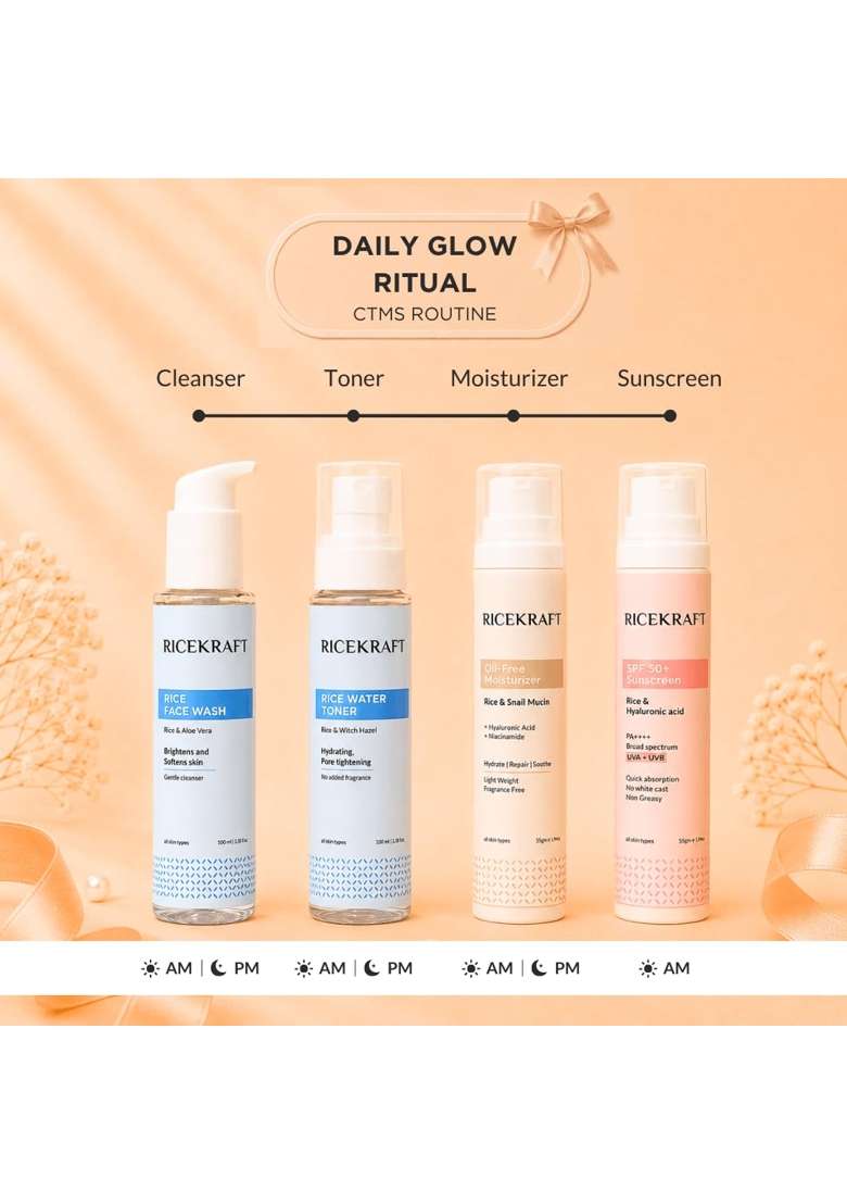 Ricekraft Korean Daily Glow Ritual Skincare Gift Kit Set of Rice Face Wash Rice Water Toner - Indya