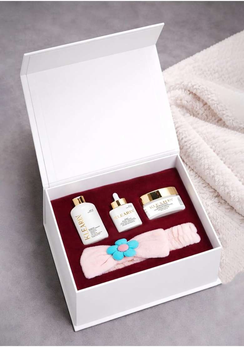 Klearin Skincare Gift Set with Gentle Cleanser Gel Moisturiser Night Repair Serum Headband Hamper - Indya