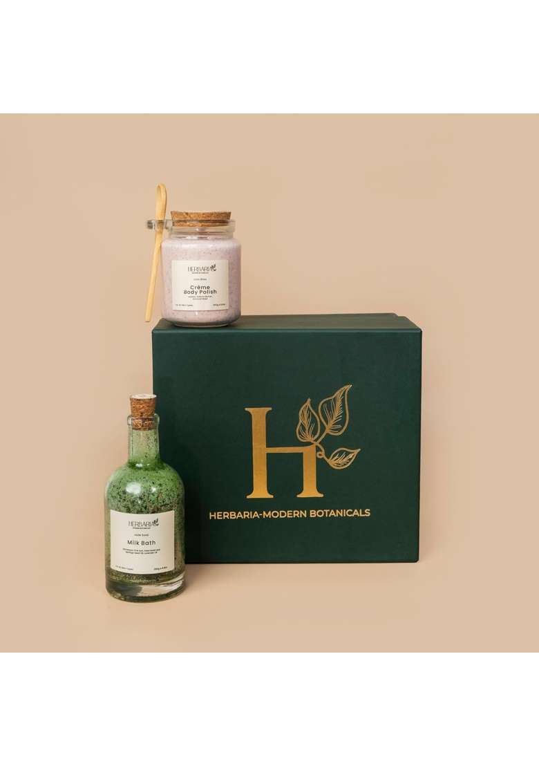 Herbaria Nourish and Shine Gift Box Exfoliation and Soothing Skincare Duo with Lilac Bliss Body Polish 250G - Indya