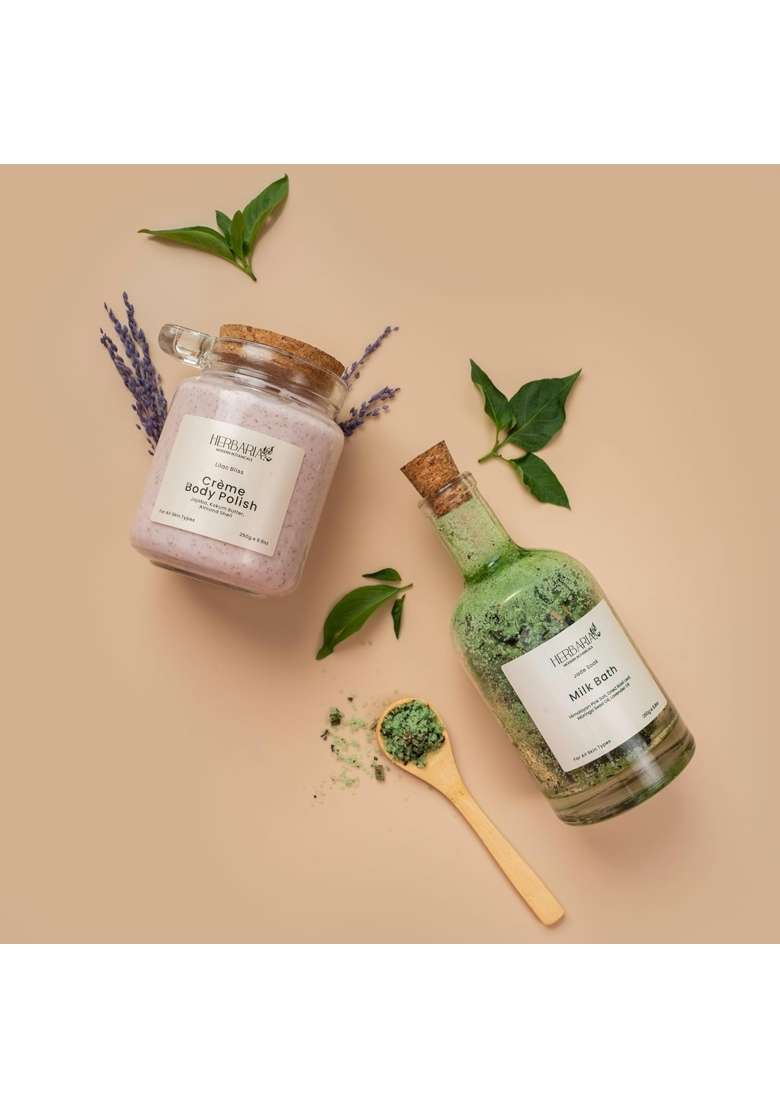 Herbaria Nourish and Shine Gift Box Exfoliation and Soothing Skincare Duo with Lilac Bliss Body Polish 250G - Indya
