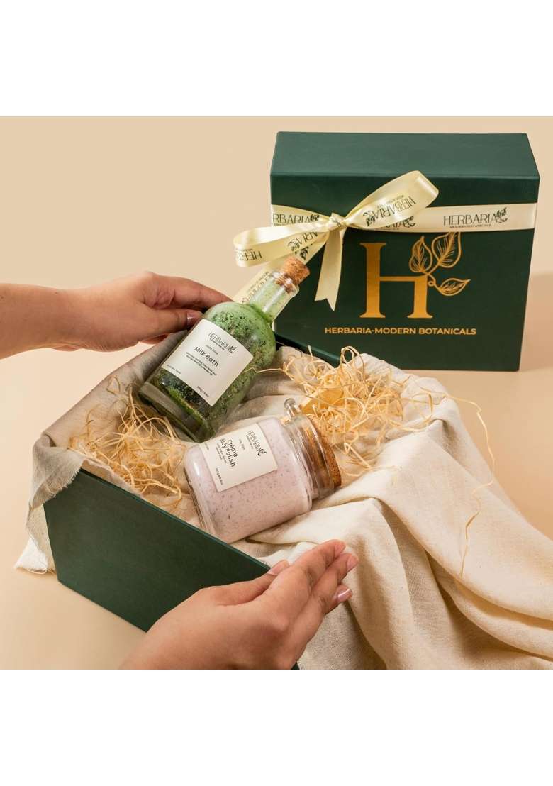 Herbaria Nourish and Shine Gift Box Exfoliation and Soothing Skincare Duo with Lilac Bliss Body Polish 250G - Indya