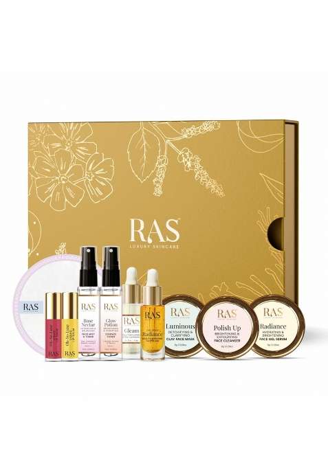 RAS Luxury Oils Glow Essentials Miniature Set Helps Cleanse Brighten and Calms Skin Pack of 10