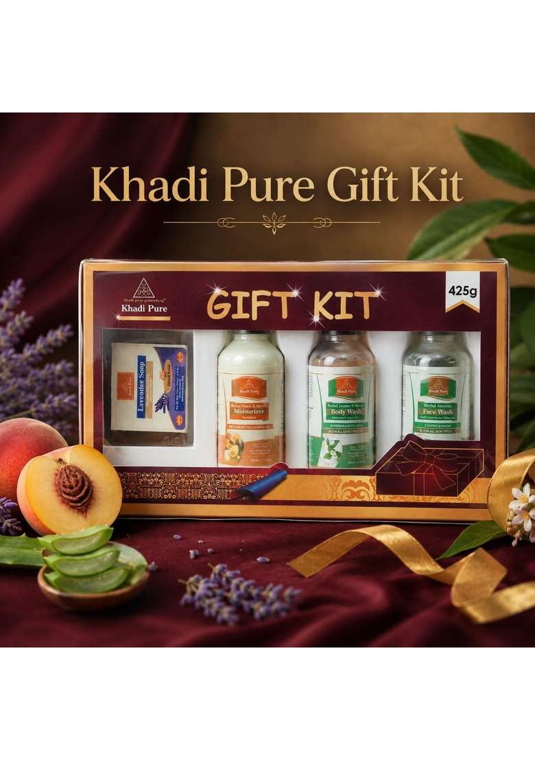 Khadi Pure Personal Care Gift Kit Aloe Vera Face Wash Peach and Avocado Moisturizer Pack of 4 - Indya