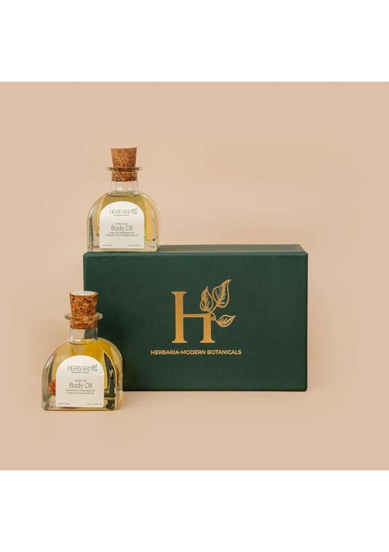 Herbaria Velvet Drop Gift Box Luxurious Body Oil Duo with White Floral 100ML and Sweet Tart Oils 100ML - Indya