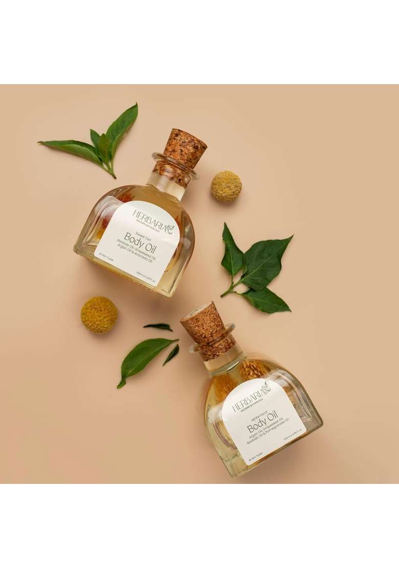 Herbaria Velvet Drop Gift Box Luxurious Body Oil Duo with White Floral 100ML and Sweet Tart Oils 100ML - Indya