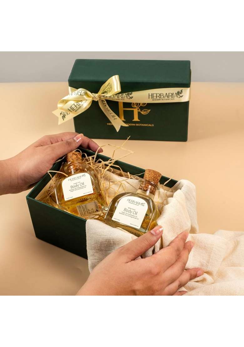 Herbaria Velvet Drop Gift Box Luxurious Body Oil Duo with White Floral 100ML and Sweet Tart Oils 100ML - Indya