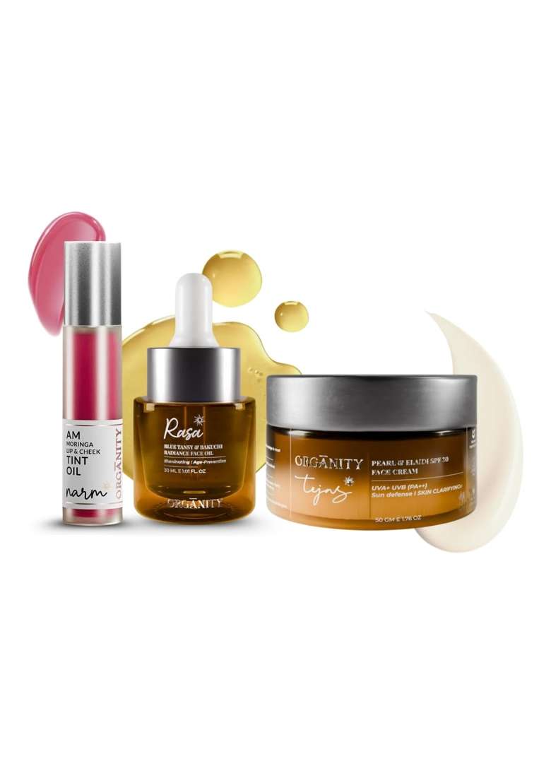 Organity Pre Party Glass Skin Trio Skincare Set with Face Oil Lip Tint Oil and Face Cream - Indya