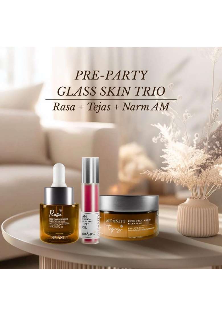 Organity Pre Party Glass Skin Trio Skincare Set with Face Oil Lip Tint Oil and Face Cream - Indya