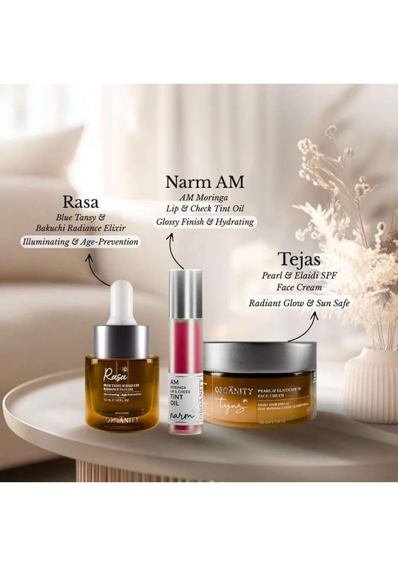 Organity Pre Party Glass Skin Trio Skincare Set with Face Oil Lip Tint Oil and Face Cream - Indya