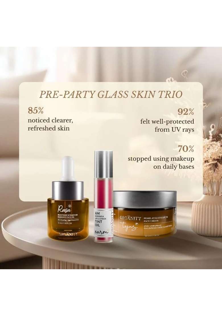 Organity Pre Party Glass Skin Trio Skincare Set with Face Oil Lip Tint Oil and Face Cream - Indya