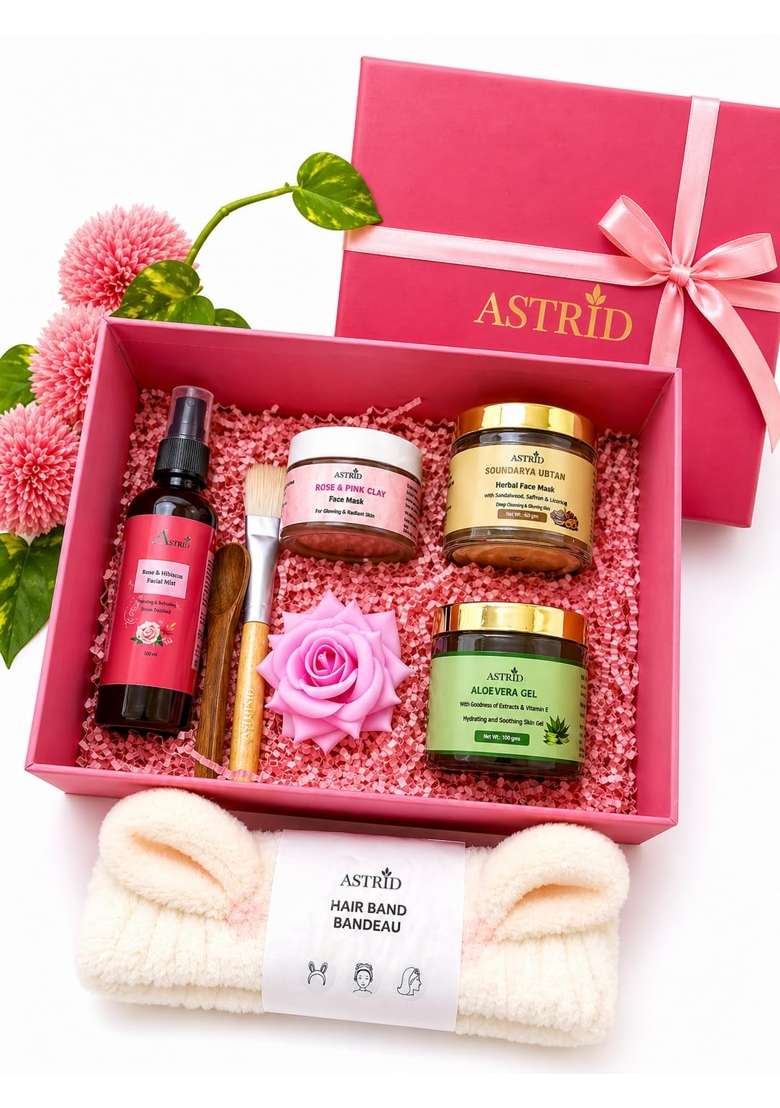 Astrid Luxury Self Care Gift Hamper for Women Rose Water Aloe Vera Gel Ubtan Face Mask Brush and Hair Band - Indya