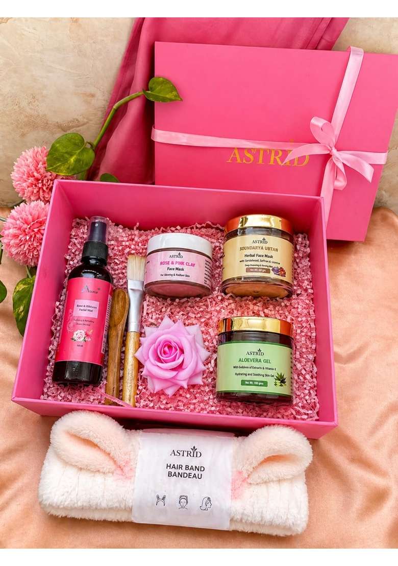 Astrid Luxury Self Care Gift Hamper for Women Rose Water Aloe Vera Gel Ubtan Face Mask Brush and Hair Band - Indya