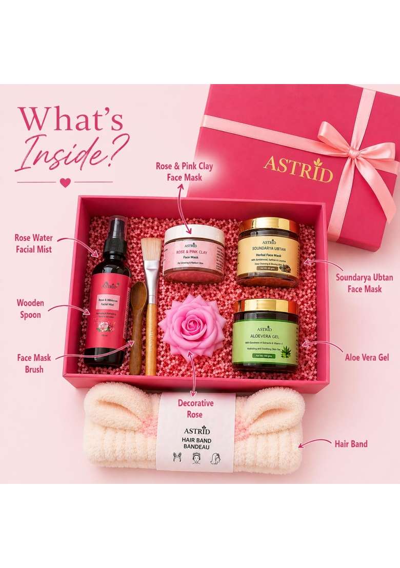 Astrid Luxury Self Care Gift Hamper for Women Rose Water Aloe Vera Gel Ubtan Face Mask Brush and Hair Band - Indya