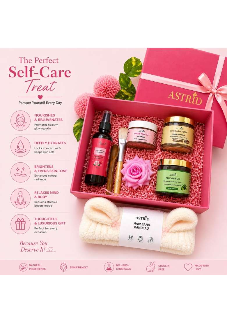Astrid Luxury Self Care Gift Hamper for Women Rose Water Aloe Vera Gel Ubtan Face Mask Brush and Hair Band - Indya