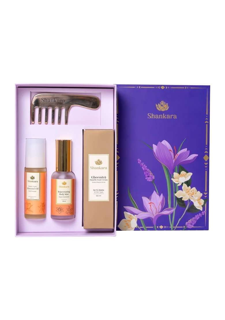 Shankara Body Radiance Ritual Luxurious Ayurvedic Skincare Gift Set with Kansa Comb Hand and Foot Cream - Indya