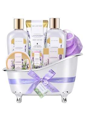 Spa Luxetique Lavender Gift Basket Luxurious 8PC Set for Women with Cute Tub Holder Shower Gel Bubble Bath
