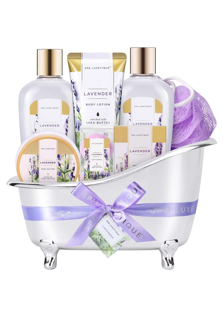 Spa Luxetique Lavender Gift Basket Luxurious 8PC Set for Women with Cute Tub Holder Shower Gel Bubble Bath - Indya