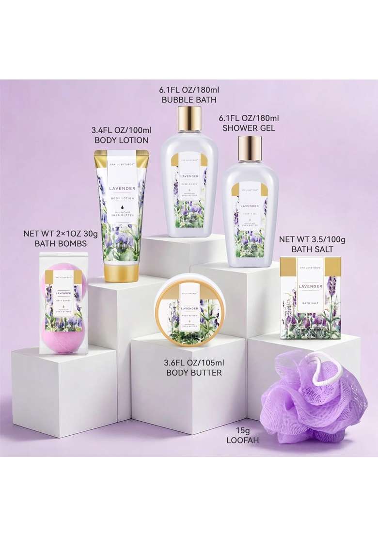 Spa Luxetique Lavender Gift Basket Luxurious 8PC Set for Women with Cute Tub Holder Shower Gel Bubble Bath - Indya