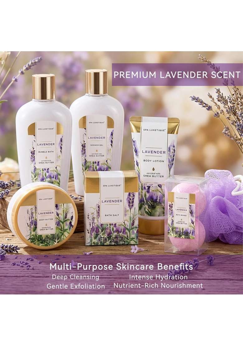 Spa Luxetique Lavender Gift Basket Luxurious 8PC Set for Women with Cute Tub Holder Shower Gel Bubble Bath - Indya
