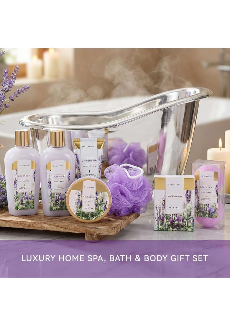 Spa Luxetique Lavender Gift Basket Luxurious 8PC Set for Women with Cute Tub Holder Shower Gel Bubble Bath - Indya