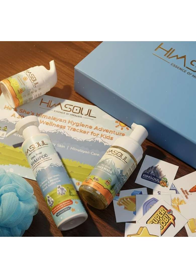 Himsoul Gift Box for Kids Skincare Kit with Face Wash Shampoo SPF 50 Plus Moisturizer Loofah Hygiene Booklet - Indya