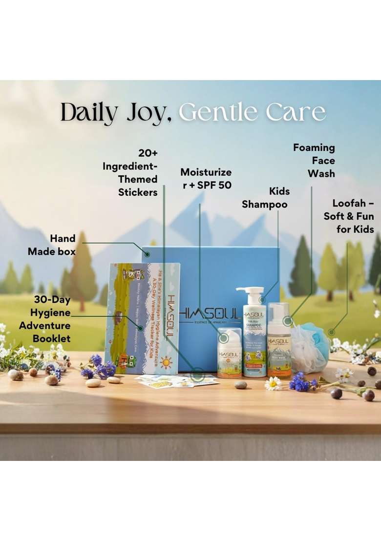 Himsoul Gift Box for Kids Skincare Kit with Face Wash Shampoo SPF 50 Plus Moisturizer Loofah Hygiene Booklet - Indya