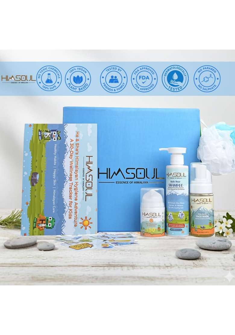 Himsoul Gift Box for Kids Skincare Kit with Face Wash Shampoo SPF 50 Plus Moisturizer Loofah Hygiene Booklet - Indya