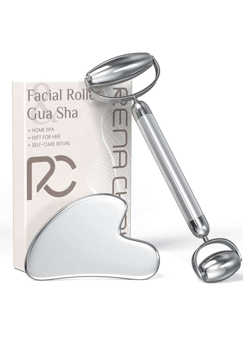 Rena Chris Gua Sha and Face Roller Set Anti Breakage Stainless Steel Roller for Long Lasting Use - Indya