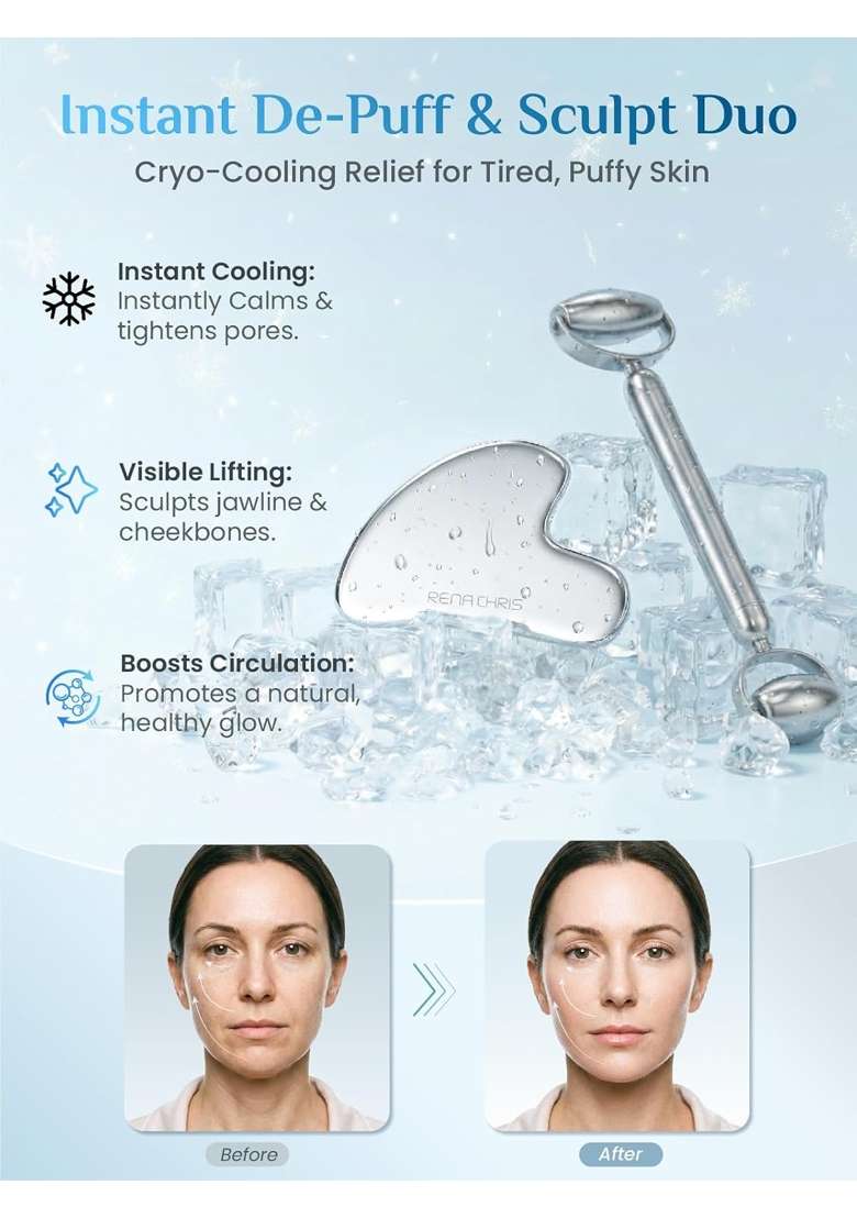 Rena Chris Gua Sha and Face Roller Set Anti Breakage Stainless Steel Roller for Long Lasting Use - Indya