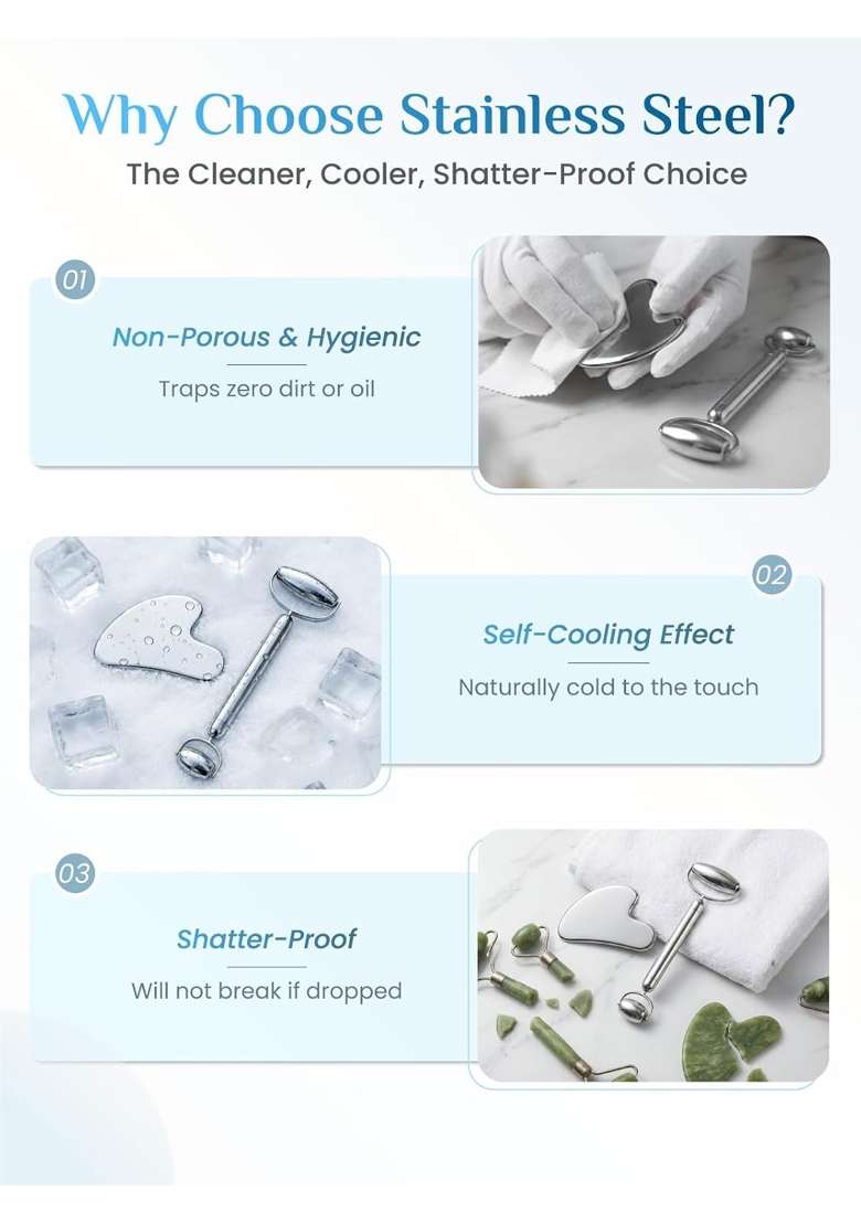 Rena Chris Gua Sha and Face Roller Set Anti Breakage Stainless Steel Roller for Long Lasting Use - Indya